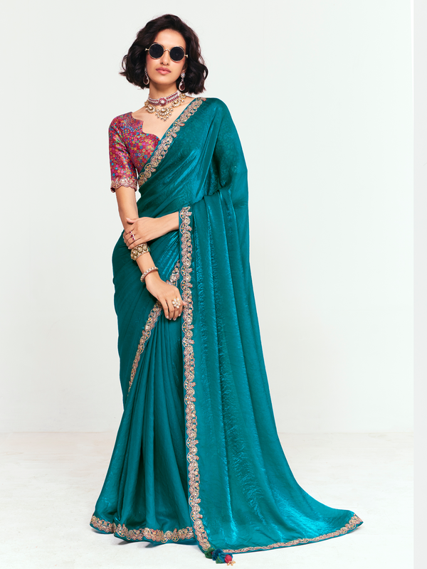 Teal Blue Tissue Silk Saree With Contrast Blouse