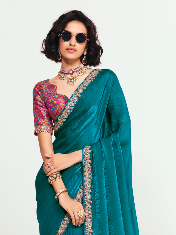 Teal Blue Tissue Silk Saree With Contrast Blouse