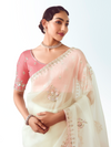 Ivory Embroidered Designer Organza Silk Saree With Contrast Blouse