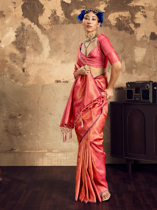 Coral Red Banarasi Soft Silk Saree