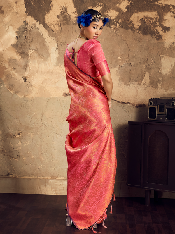 Coral Red Banarasi Soft Silk Saree