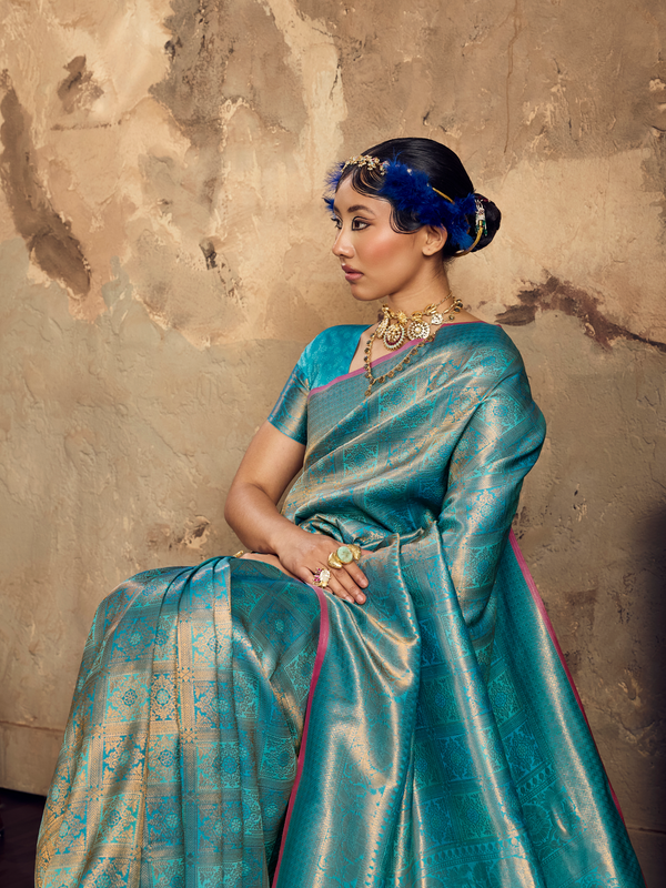 Aqua Blue Banarasi Soft Silk Saree