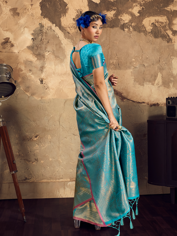 Aqua Blue Banarasi Soft Silk Saree