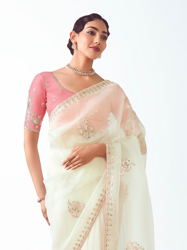 Ivory Embroidered Designer Organza Silk Saree With Contrast Blouse
