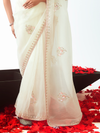 Ivory Embroidered Designer Organza Silk Saree With Contrast Blouse