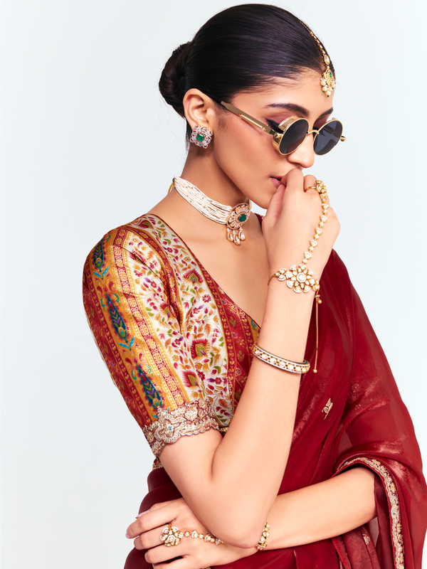 Deep Maroon Tissue Silk Saree With Contrast Blouse
