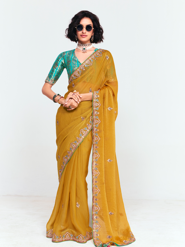 Mustard Yellow Organza Silk Saree With Contrast Blouse