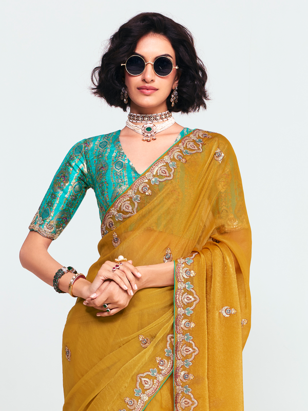 Mustard Yellow Organza Silk Saree With Contrast Blouse