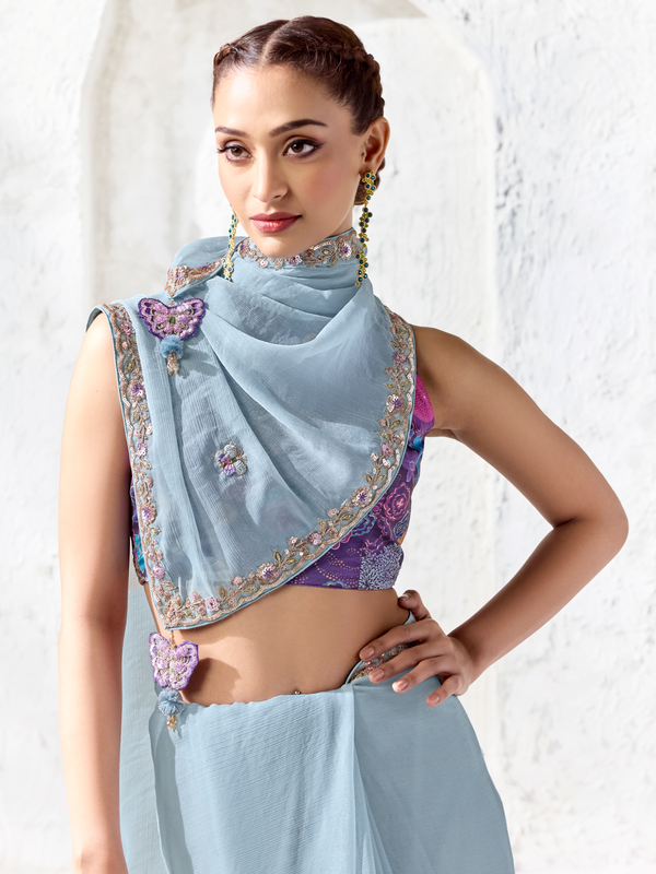 Powder Blue Embroidered Designer Chiffon Silk Saree