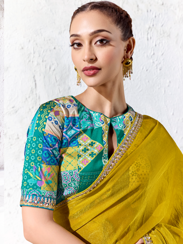 Mustard Yellow Embroidered Designer Organza Silk Saree
