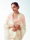 Ivory Embroidered Designer Organza Silk Saree With Contrast Blouse