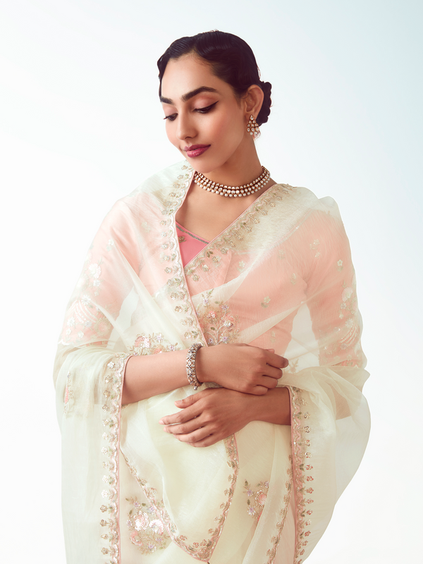Ivory Embroidered Designer Organza Silk Saree With Contrast Blouse