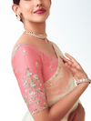 Ivory Embroidered Designer Organza Silk Saree With Contrast Blouse