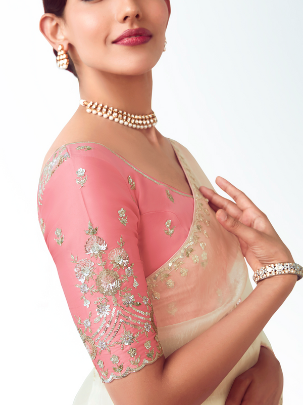 Ivory Embroidered Designer Organza Silk Saree With Contrast Blouse