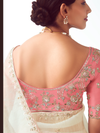 Ivory Embroidered Designer Organza Silk Saree With Contrast Blouse