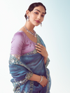 Steel Blue Embroidered Designer Organza Silk Saree With Contrast Blouse