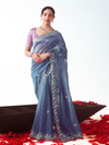 Steel Blue Embroidered Designer Organza Silk Saree With Contrast Blouse