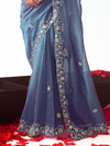 Steel Blue Embroidered Designer Organza Silk Saree With Contrast Blouse