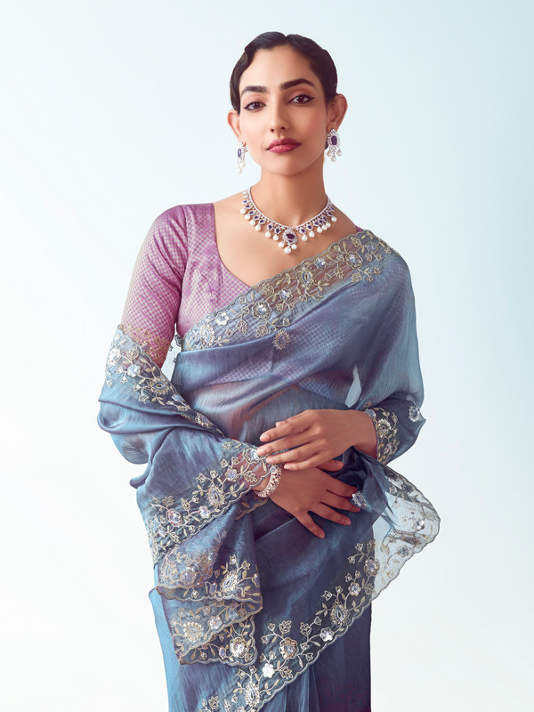 Steel Blue Embroidered Designer Organza Silk Saree With Contrast Blouse