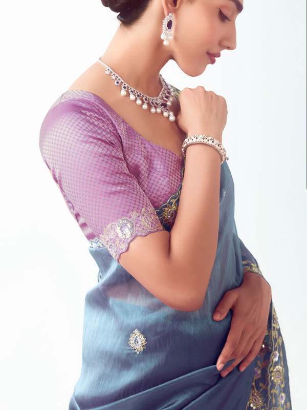 Steel Blue Embroidered Designer Organza Silk Saree With Contrast Blouse