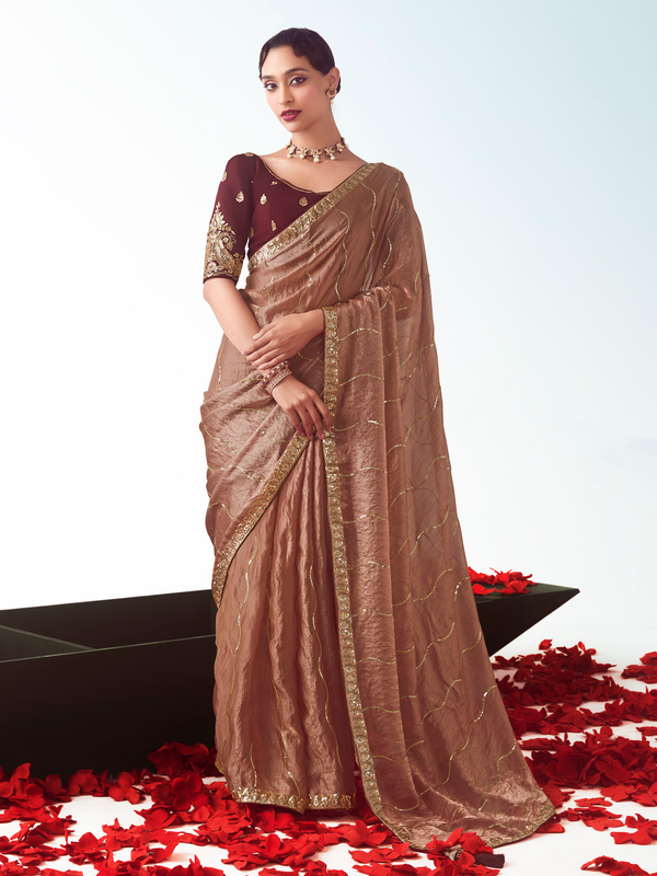 Rose Gold Embroidered Designer Tissue Silk Saree With Contrast Blouse