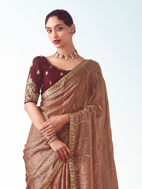 Rose Gold Embroidered Designer Tissue Silk Saree With Contrast Blouse