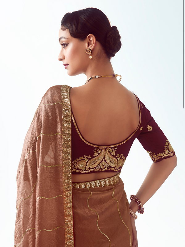 Rose Gold Embroidered Designer Tissue Silk Saree With Contrast Blouse