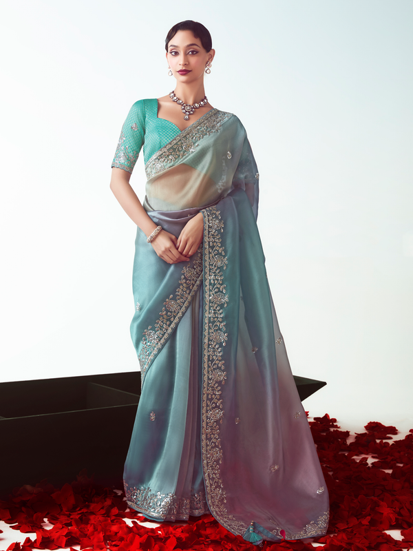 Multicolor Embroidered Designer Organza Silk Saree