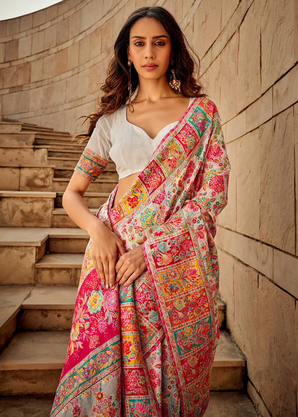 Ivory White Kashmiri Jamawar Silk Saree