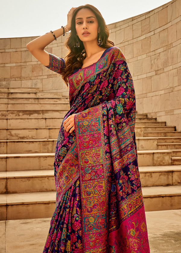 Deep Navy Kashmiri Jamawar Silk Saree