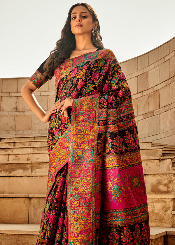 Midnight Black Kashmiri Jamawar Silk Saree