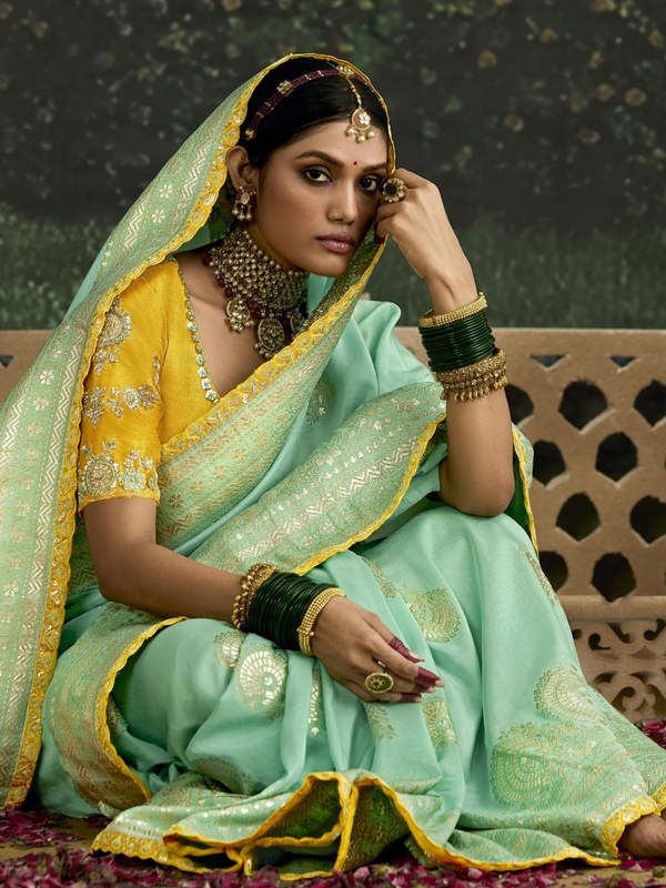 Sea Green Designer Banarasi Dola Silk Saree With Golden Zari Work