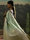 Mint Green Designer Banarasi Dola Silk Saree With Golden Zari Work