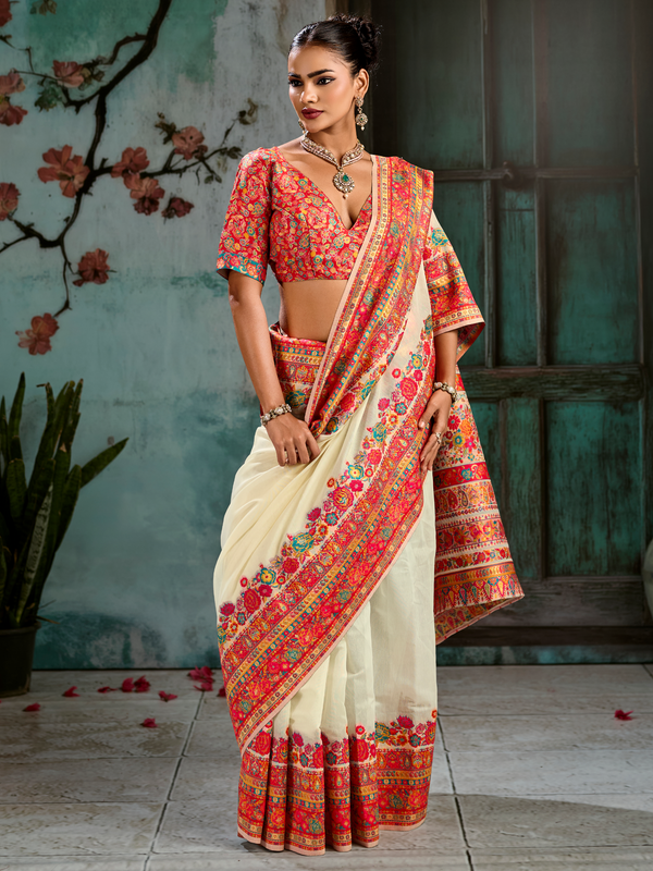 Ivory Kashmiri Cotton Silk Saree With Contrast Blouse