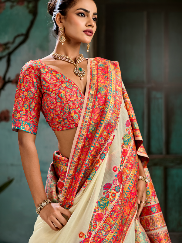 Ivory Kashmiri Cotton Silk Saree With Contrast Blouse
