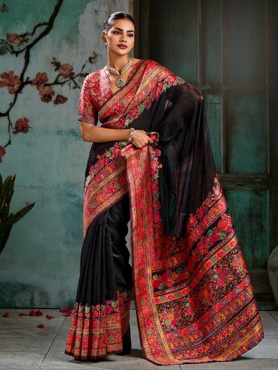 Black Kashmiri Cotton Silk Saree With Contrast Blouse