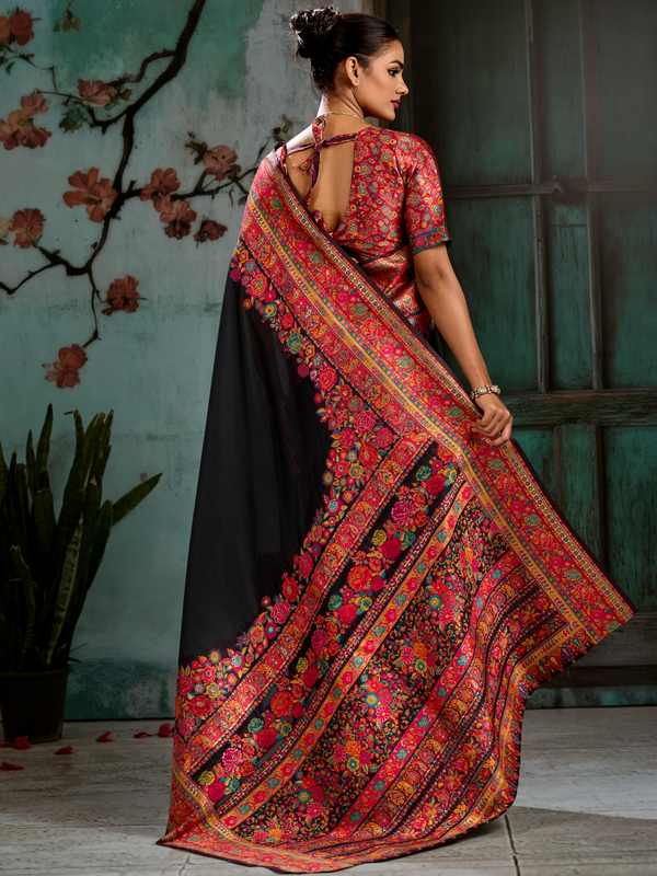 Black Kashmiri Cotton Silk Saree With Contrast Blouse