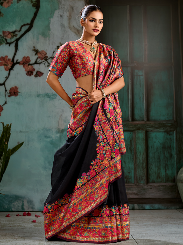 Black Kashmiri Cotton Silk Saree With Contrast Blouse