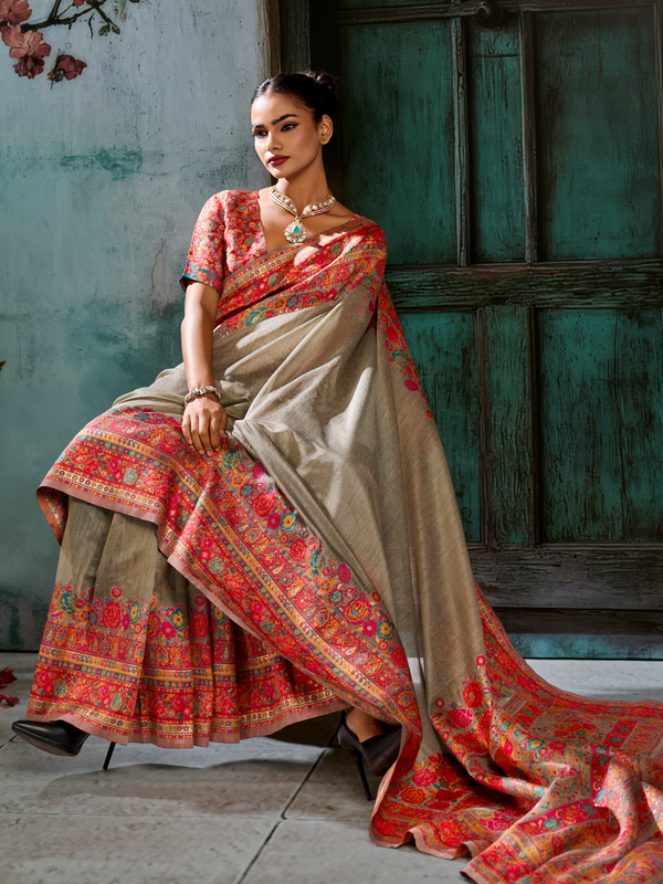 Chiku Beige Kashmiri Cotton Silk Saree With Contrast Blouse