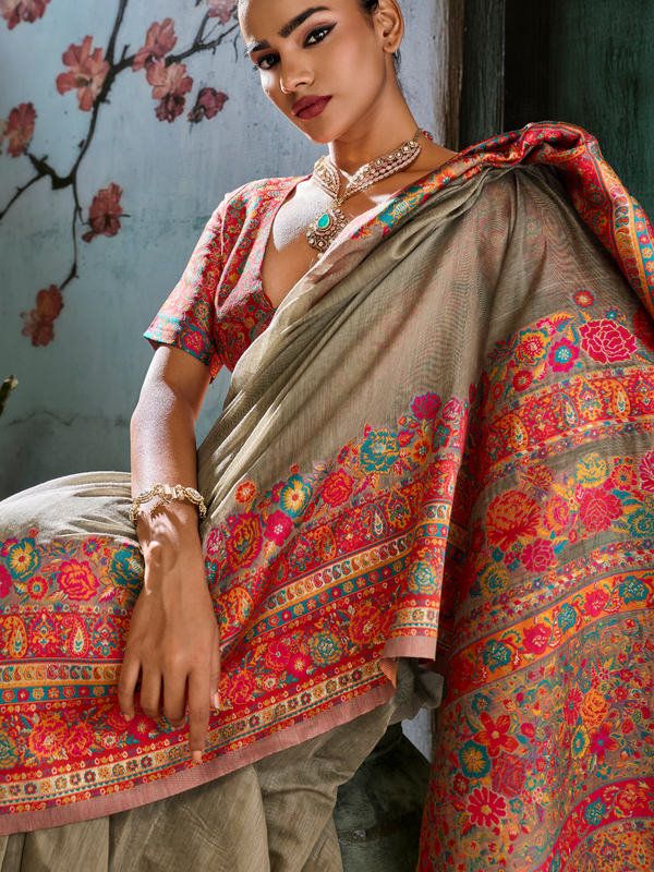Chiku Beige Kashmiri Cotton Silk Saree With Contrast Blouse