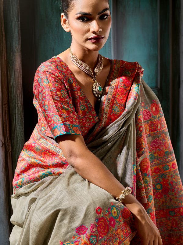 Chiku Beige Kashmiri Cotton Silk Saree With Contrast Blouse