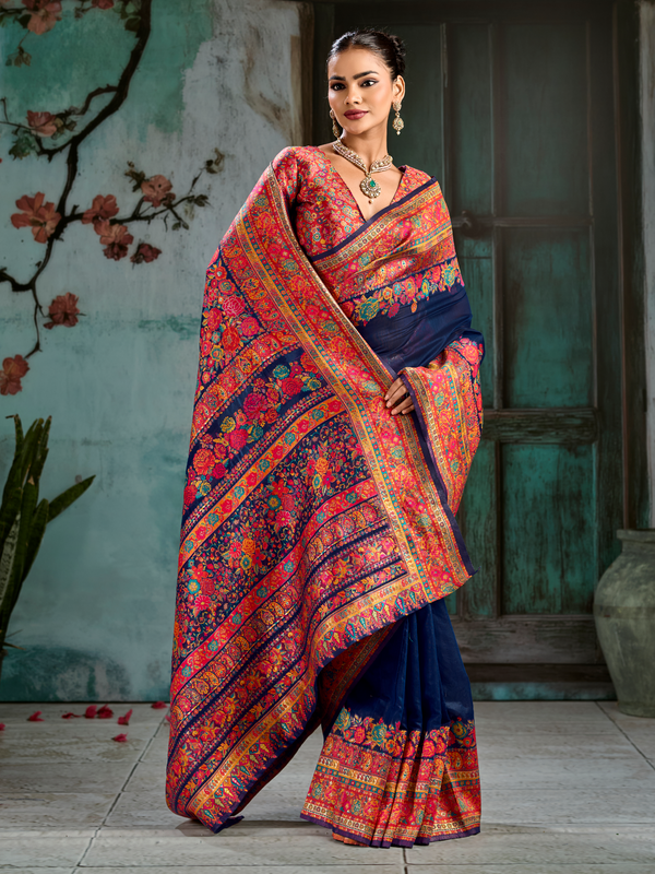 Navy Blue Kashmiri Cotton Silk Saree With Contrast Blouse