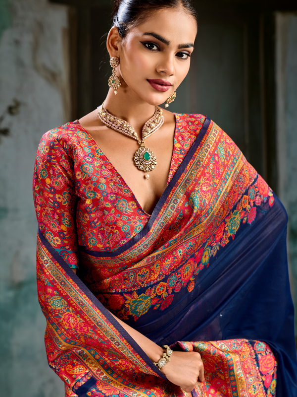 Navy Blue Kashmiri Cotton Silk Saree With Contrast Blouse