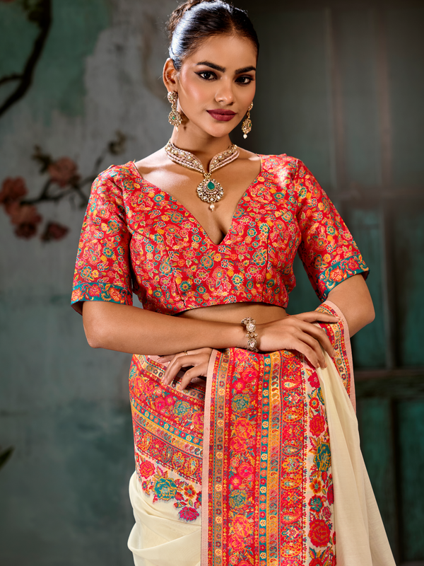 Ivory Kashmiri Cotton Silk Saree With Contrast Blouse
