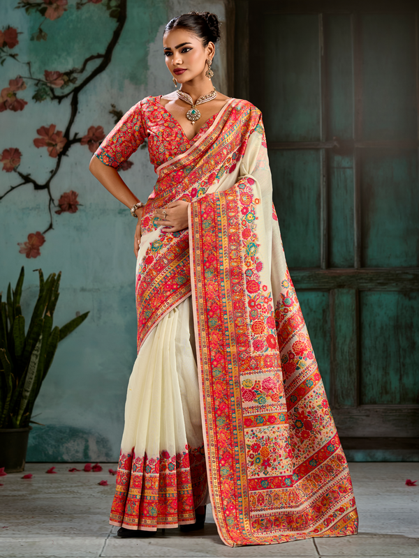 Ivory Kashmiri Cotton Silk Saree With Contrast Blouse