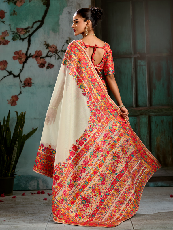 Ivory Kashmiri Cotton Silk Saree With Contrast Blouse