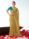 Mustard Yellow Embroidered Designer Tissue Silk Saree With Contrast Blouse