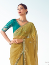 Mustard Yellow Embroidered Designer Tissue Silk Saree With Contrast Blouse