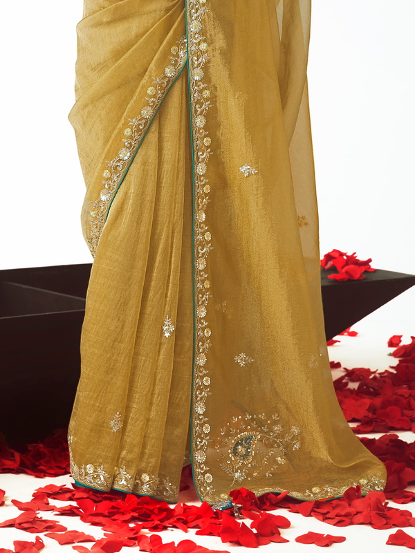 Mustard Yellow Embroidered Designer Tissue Silk Saree With Contrast Blouse