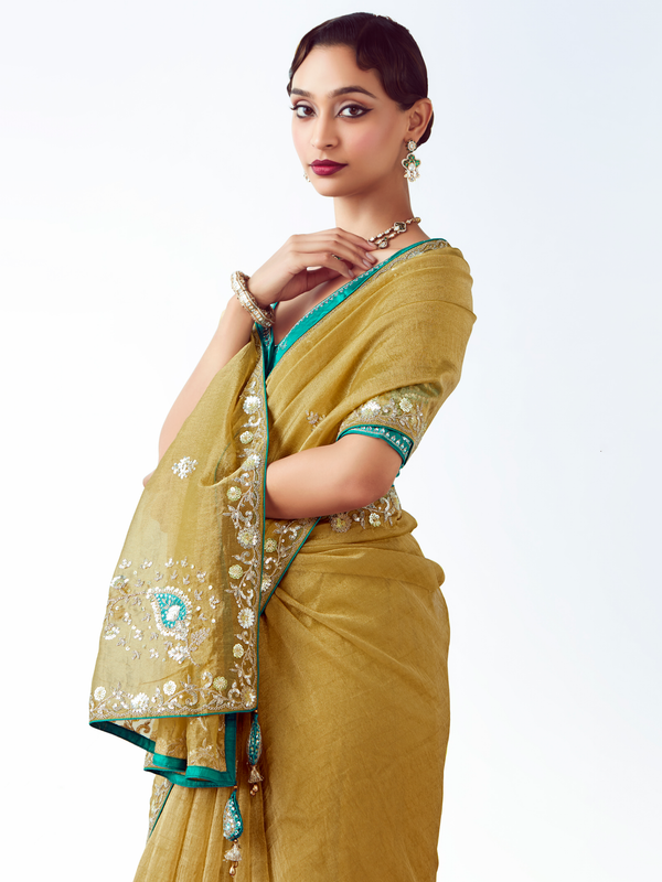 Mustard Yellow Embroidered Designer Tissue Silk Saree With Contrast Blouse